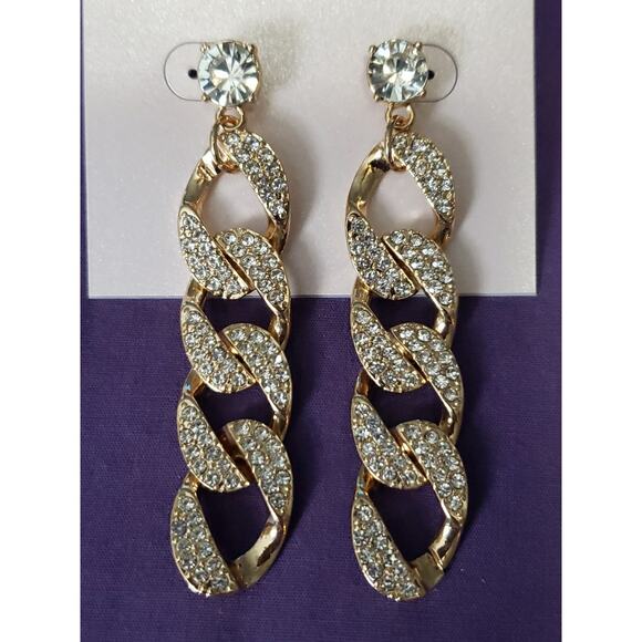 Daisy Fuentes Long Dangle Statement Earrings Gold Tone Clear Rhinestones New - Picture 3 of 6